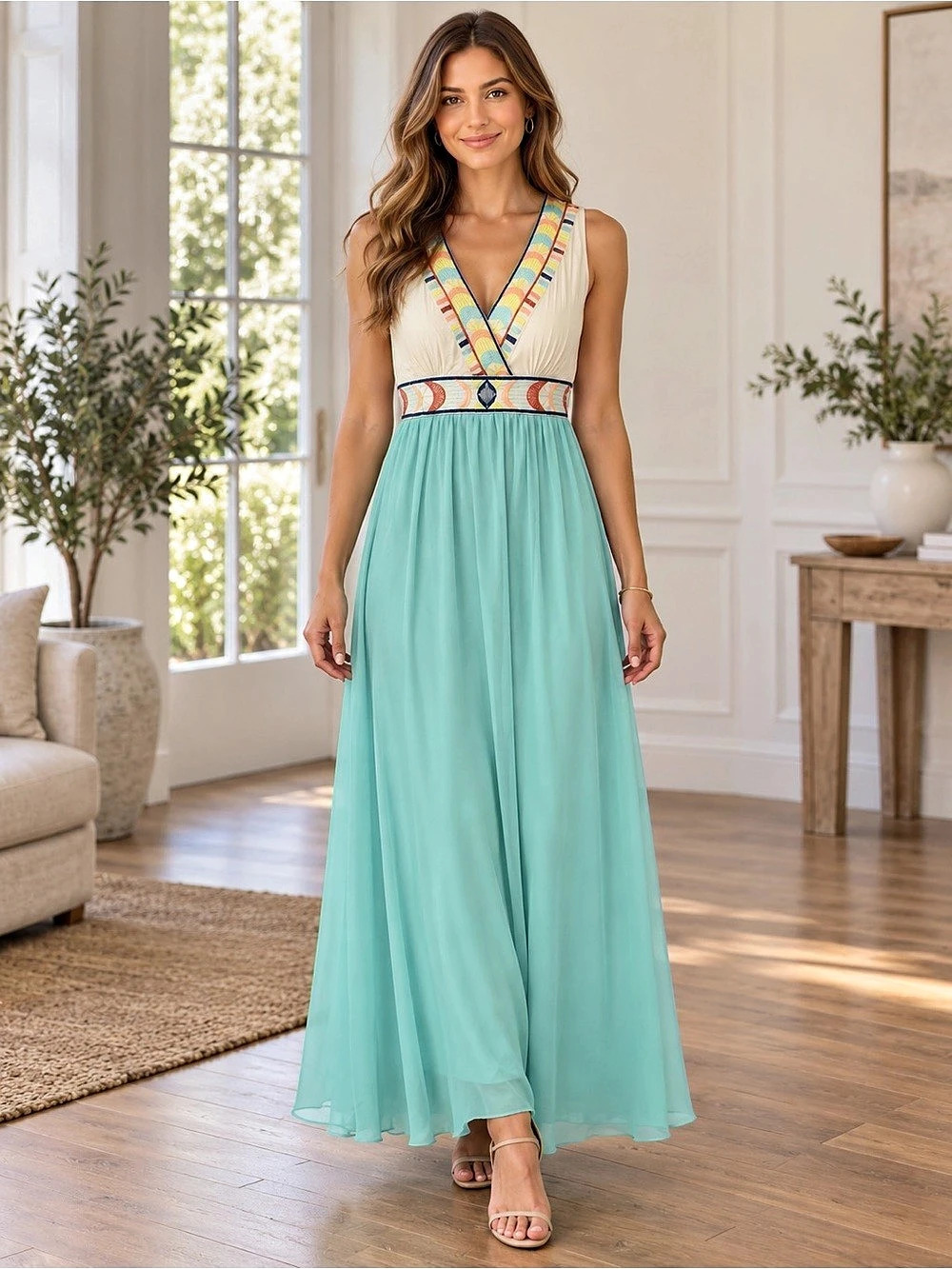 Flying Tomatoes Geometric Maxi Dress in Blue & Cream